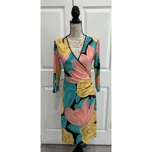 EVA VARRO Vibrant Multicolor Stretch Faux Wrap Ruching V-Neck Dress Size Small